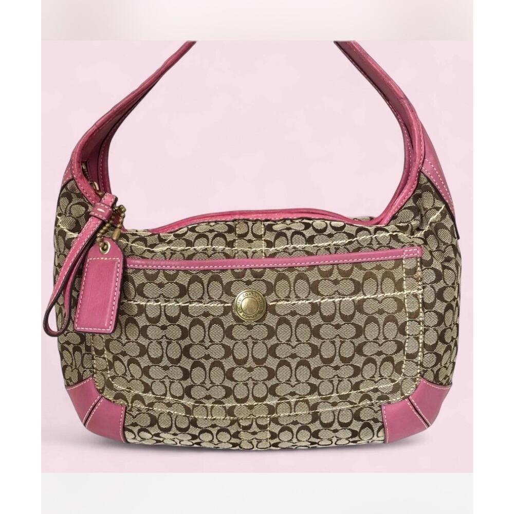 COACH 10772 Hand Bag Shoulder Bag Pink Signature Brown Canvas Leather HOBO Y2K